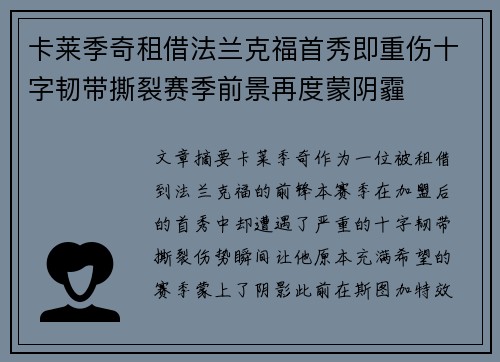 卡莱季奇租借法兰克福首秀即重伤十字韧带撕裂赛季前景再度蒙阴霾